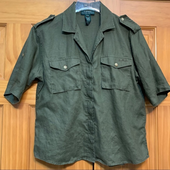 Lauren Ralph Lauren Linen Army Green Size Petite Small Top - Picture 2 of 7